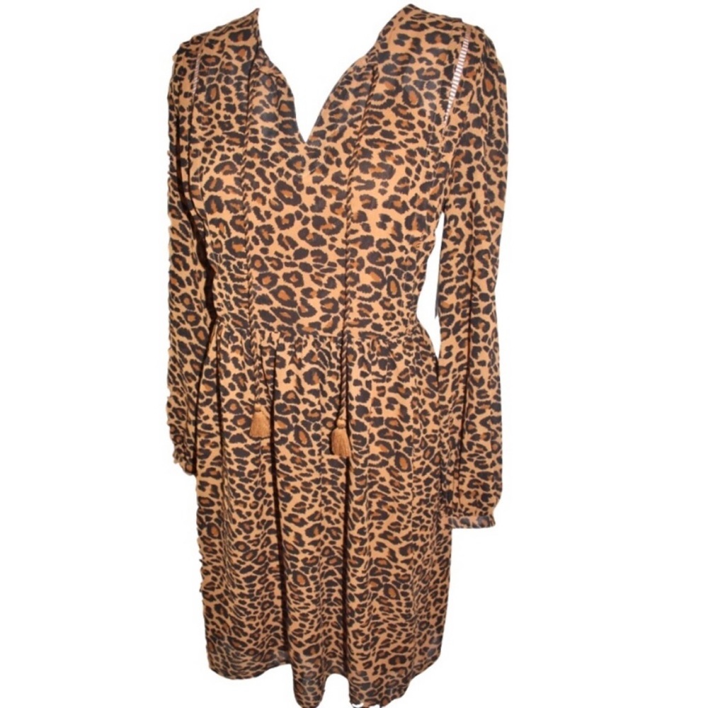 Women's MED Animal Print Babydoll Boho Long Sleeved Dress - NWT - Picture 9 of 16